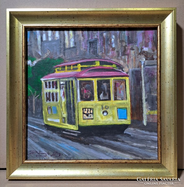 Tram (oil painting in frame) with Piliny sign - city street view, cable car