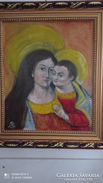 Madonna gyermekkel olaj kép Jézus és Mária, szignált olaj festmény vásznon  aranyszínű keretben