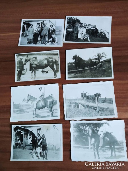 8 small photos, riding, horse-drawn carriage, circa 1930-40s