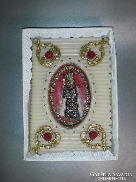 Antique wax nun's work in convent work box with relief Mary with baby appliqué