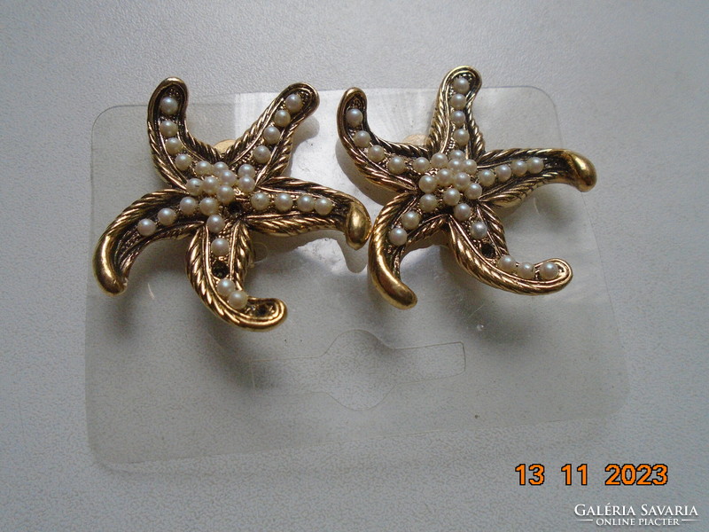 Gold-plated niello starfish clip with small inlaid pearls