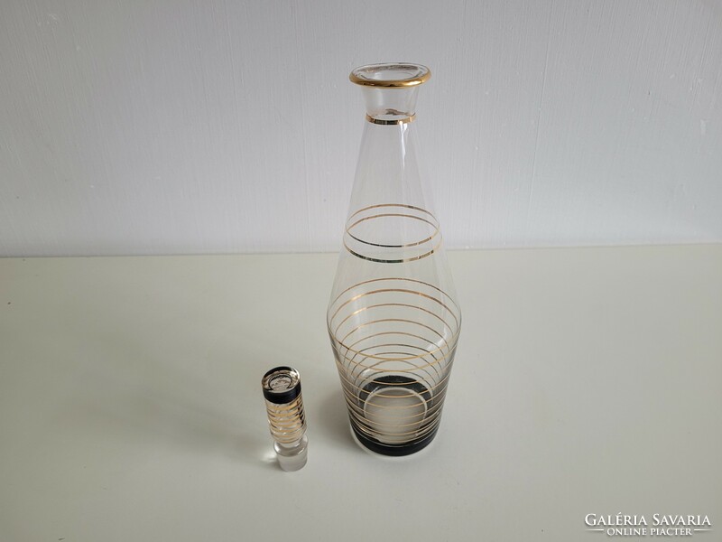 Retro mid century arany fekete csíkos art deco stílusú dugós üveg régi boros üveg