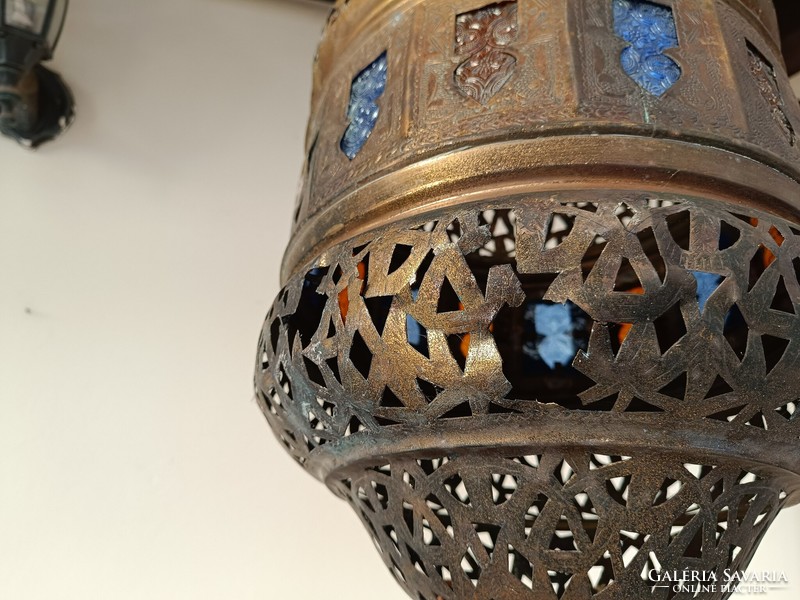 Antik arab török Marokkó mennyezeti üveg betétes fém csillár törött hiányos 5382