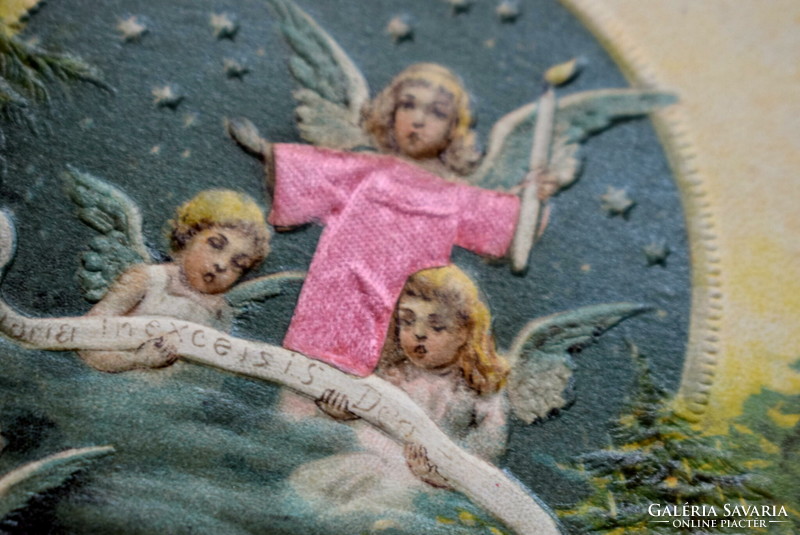 Antik dombornyomott Karácsonyi üdvözlő képeslap - alvó kisgyerek, angyalkák, karácsonyfa , játékok