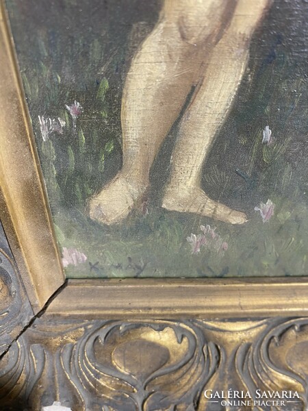 K. Máy szignóval festmény, Ádám és Éva, 18 x 30 cm-es.olaj, fa