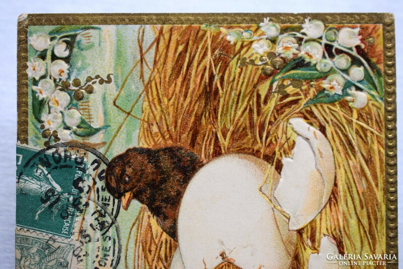 Antik dombornyomott Húsvéti üdvözlő képeslap -csibék, gyöngyvirág  1907ből