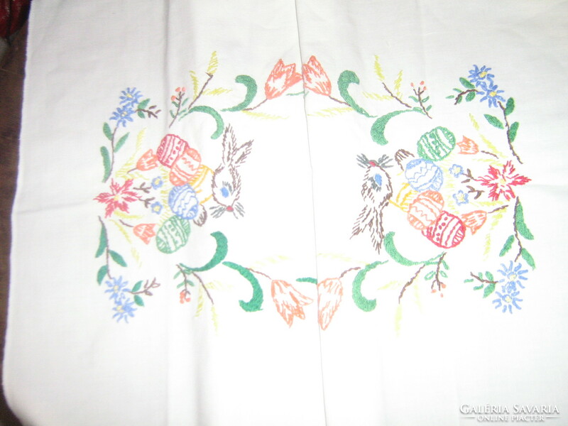 Beautiful embroidered Easter bunny needlework tablecloth