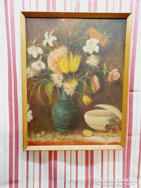 Old flower still life painting with pleasant colors, painted on canvas