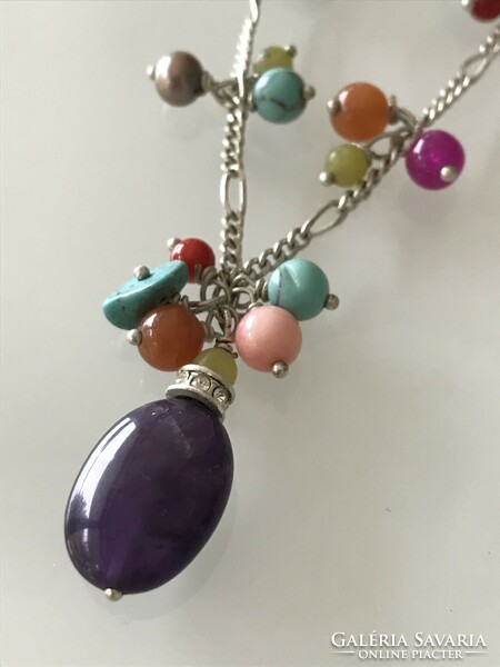 Silver-plated necklace with colored minerals, hultquist brand, 48 cm