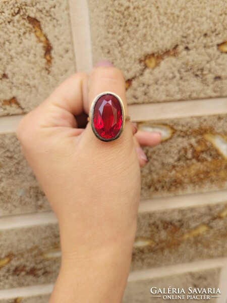 Art Deco aranyozott orosz ezüst gyűrű hatalmas szintetikus Rubinnal Nagyméretű!