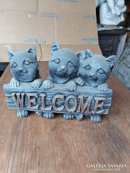 Welcome Három macska cica Kültéri Fagyálló Műkő tömör kerti szobor ajándék nak