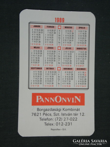 Card calendar, Pannonian wine farm, Pécs, Pécs cirfandli, Siklós Italian Riesling wine, 1989, (2)