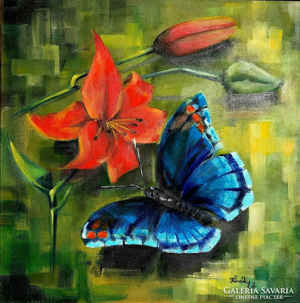 Kék pillangó - 40 x 40 centis olajfestmény