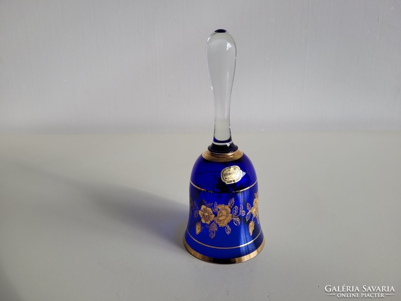 Old bohemian blue glass bell with gilded label Czech holiday table bell bell