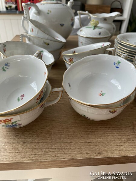 Herend tea and cake set - rare ribbon with floral, beetle pattern, gold-plated