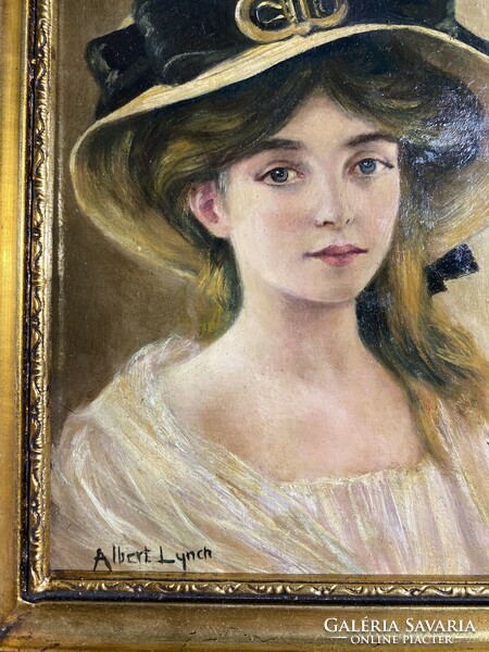 Albert Lynch olaj, vászon festmény, 12 x 16 cm-es portré