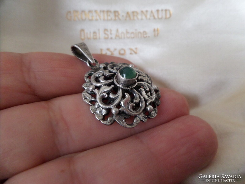 Antique silver openwork pendant with green stone
