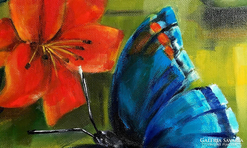 Blue butterfly - 40 x 40 cm oil painting