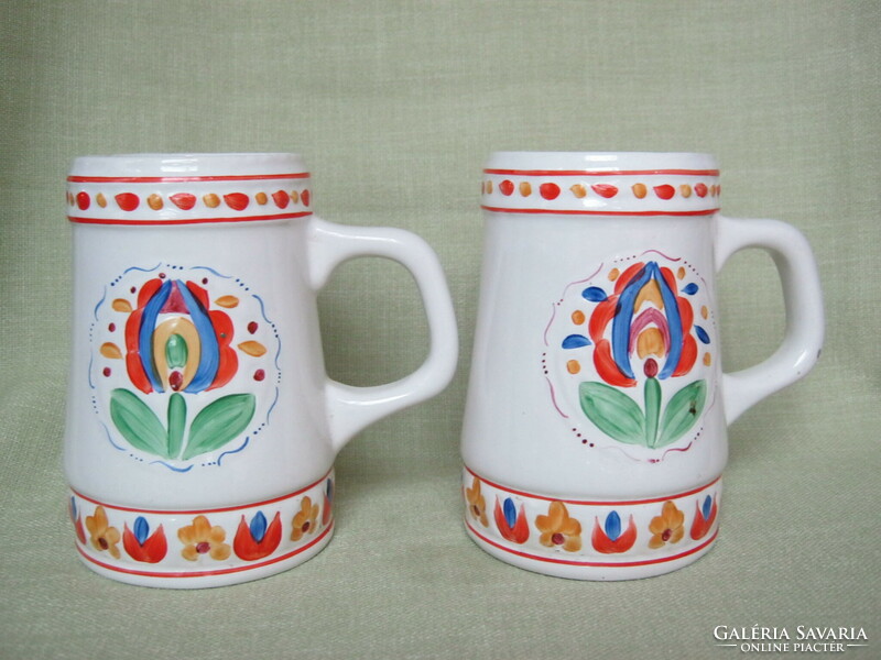 Pair of hand painted folk floral granite ceramic jars