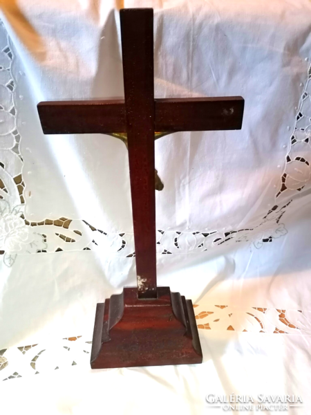 Large, old wooden cross for a home altar, with a copper body, 43 cm!