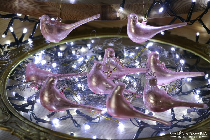 6 darab rózsaszín  üveg madárka karácsonyfadísz IV.