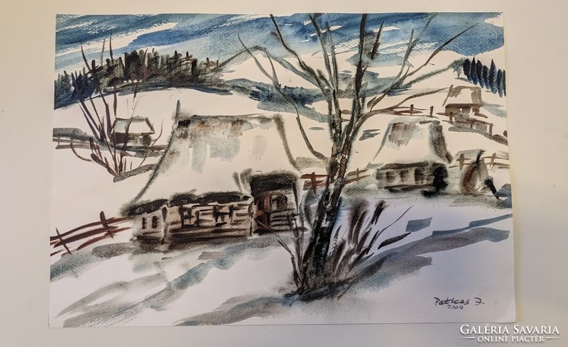 József Petkes: snowy landscape watercolor, signed, dated