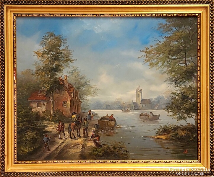 Tamás Béhés, riverside port, oil painting, with original engraving and warranty
