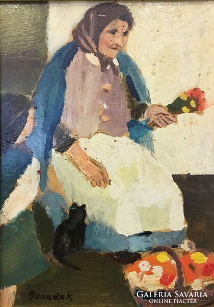 Jenő Benedek Id (1906–1987): florist with a cat, oil-grocer