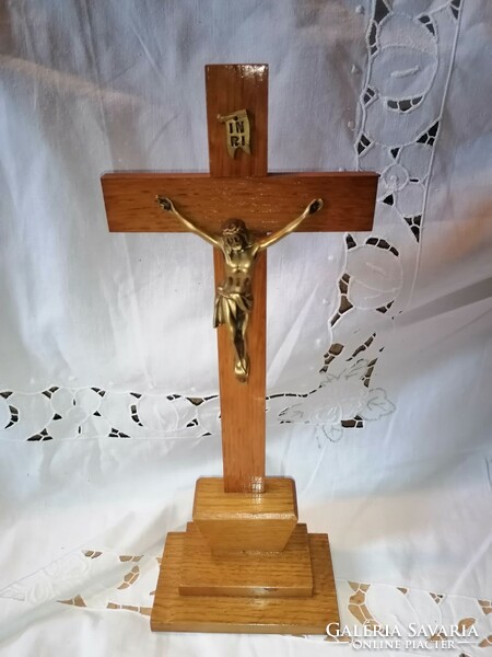 For home altar, old wooden cross, with copper body 35 cm!