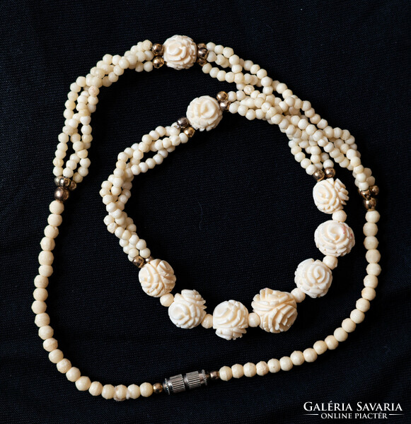 Vintage bone necklace with pearls carved in the shape of a rose