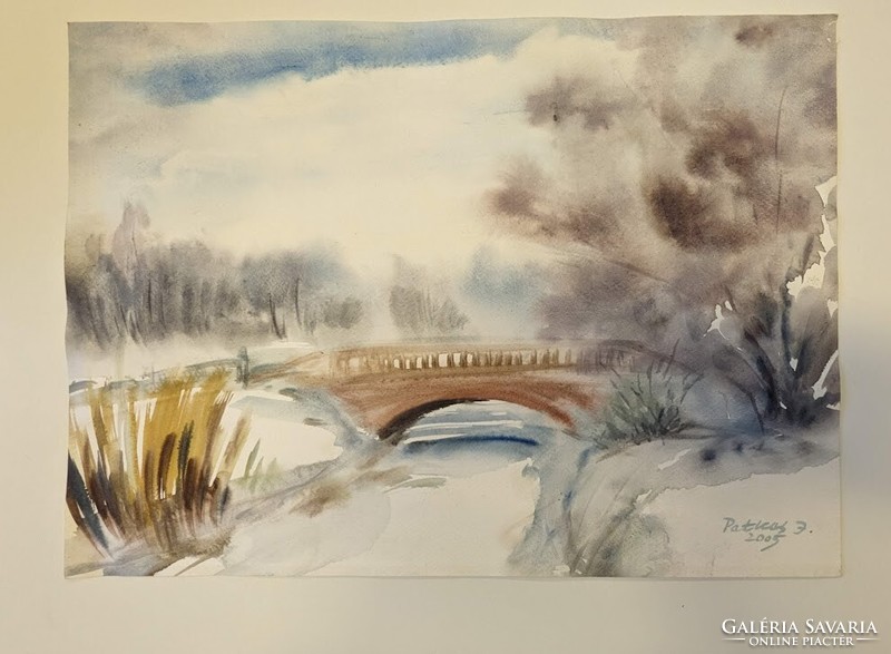 Petkes József:  Híd a patak felett akvarell, szignált, datált