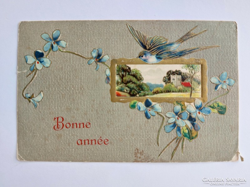 Old New Year's postcard embossed postcard bird forget-me-not