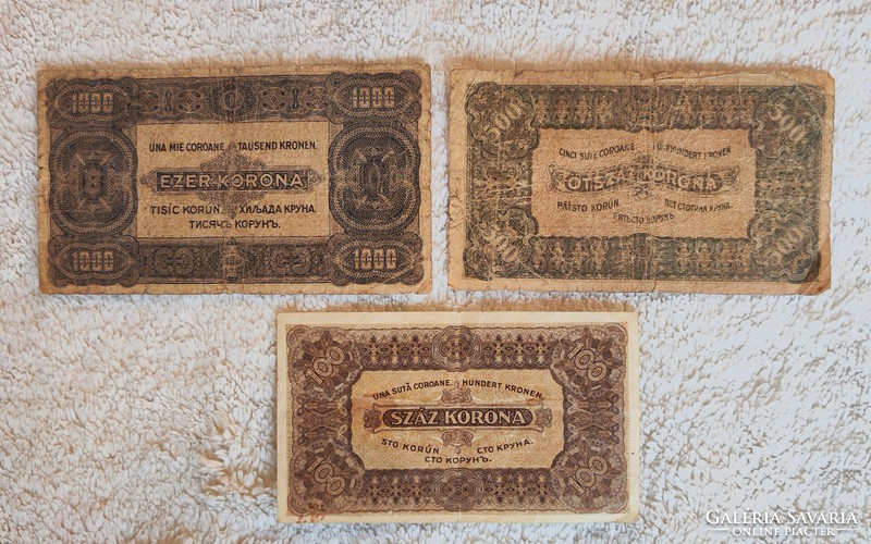 1923-as, kisméretű magyar 100, 500 és 1000 korona, nyomdahely nélkül (VF-G) | 3 db bankjegy