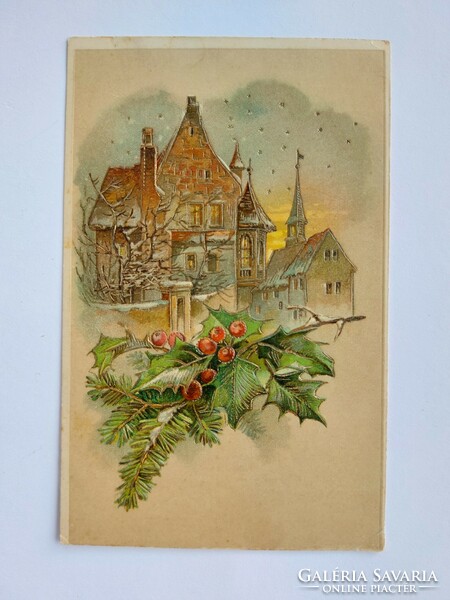 Régi karácsonyi képeslap dombornyomott levelezőlap magyalág templom