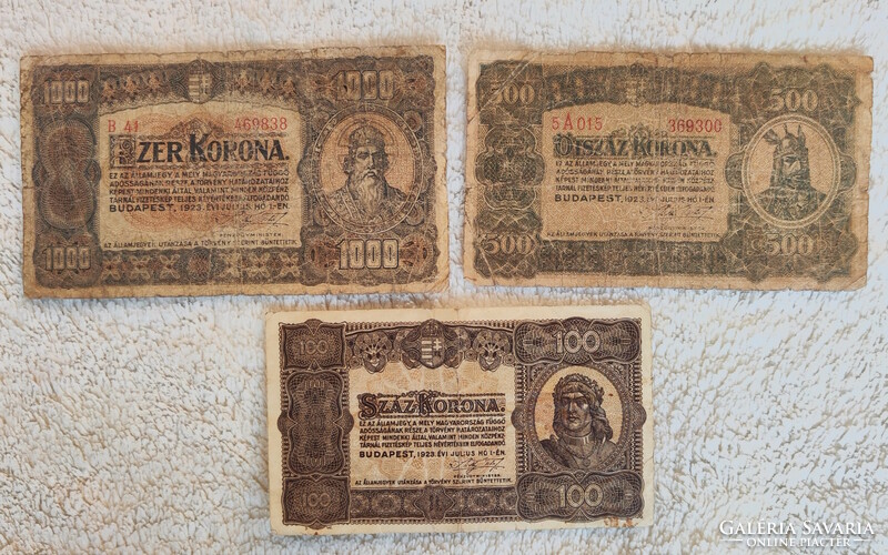 1923-As, small Hungarian 100, 500 and 1000 kroner, without overprint (vf-g) | 3 banknotes