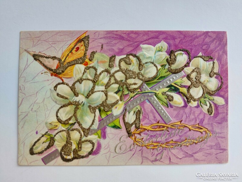 Old Easter postcard embossed postcard cross butterfly flowers