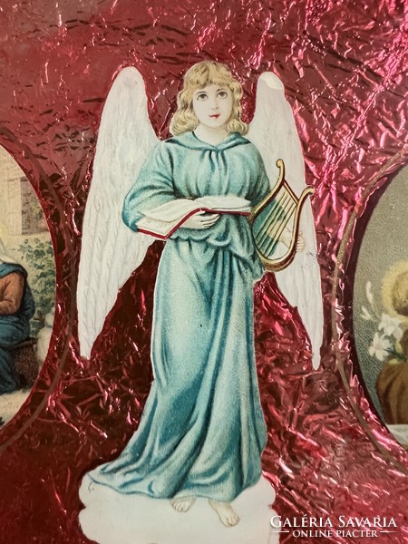 Antik litogeráfiás papír angyal és szentkép karácsonyfadísz