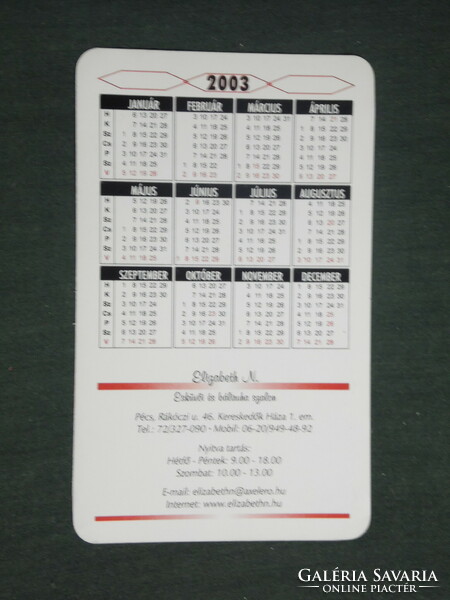 Card calendar, elizabeth n, wedding dress salon, Pécs, women's dress model, 2003, (2)