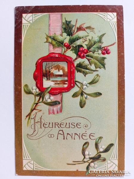 Régi karácsonyi képeslap dombornyomott levelezőlap magyal lóhere