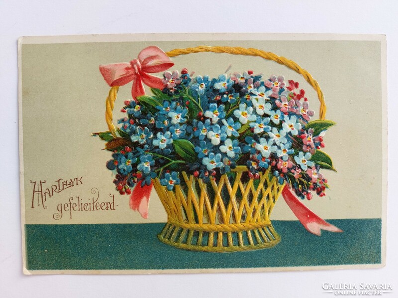 Old postcard embossed postcard in forget-me-not basket