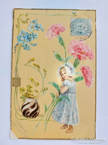 Old postcard 1904 embossed postcard little girl carnation forget-me-not