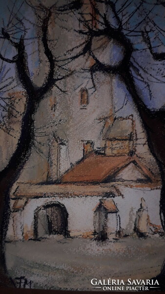 Fehér Margit ritka alkotása : Utcai jelenet - olajpasztell papír 20 X 17 cm a képek szerint