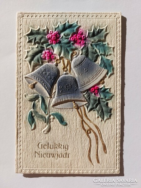 Old Christmas card embossed postcard bells holly mistletoe
