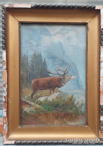 Signed oil on canvas painting with deer