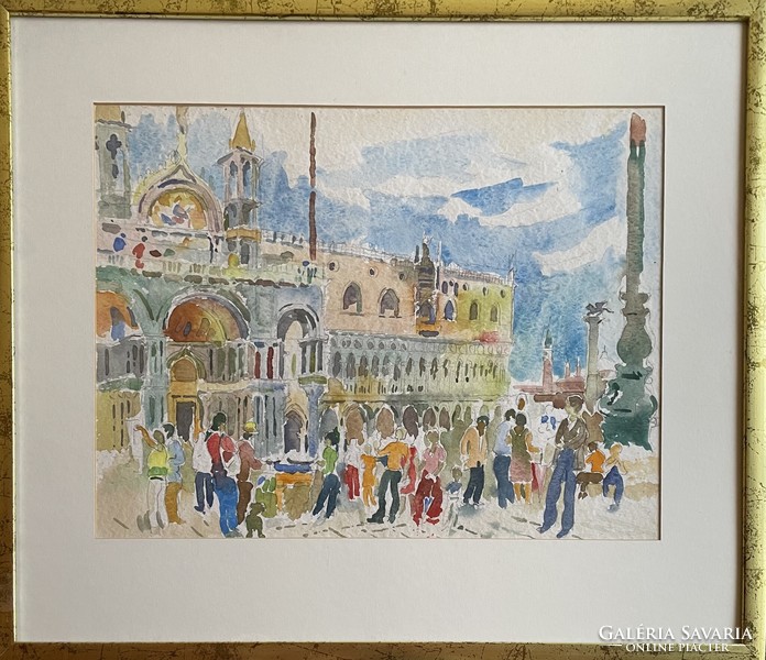 Pituk József Viktórián, Velence, St Mar tér, akvarell, 47x35 cm +keret, üveg alatt