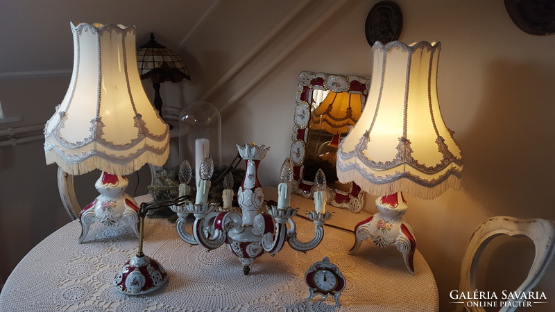 Lindner porcelain chandelier, table lamp, mirror, clock set