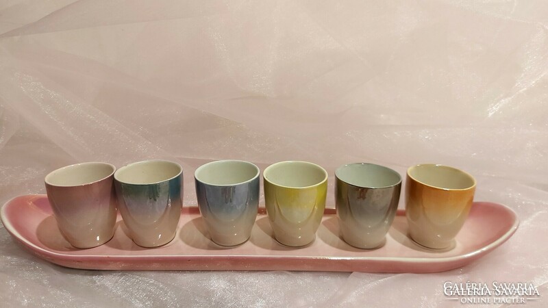Ceramic artist short drink set in luster glaze, with tray.