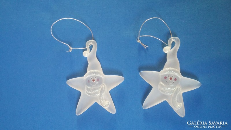 Two opal glass Christmas tree ornaments: a star with a snowman head