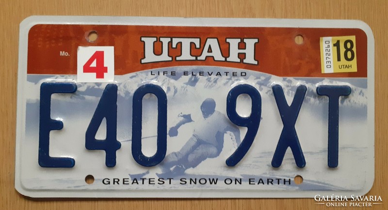Usa American license plate number plate e40 9xt utah greatest snow on earth