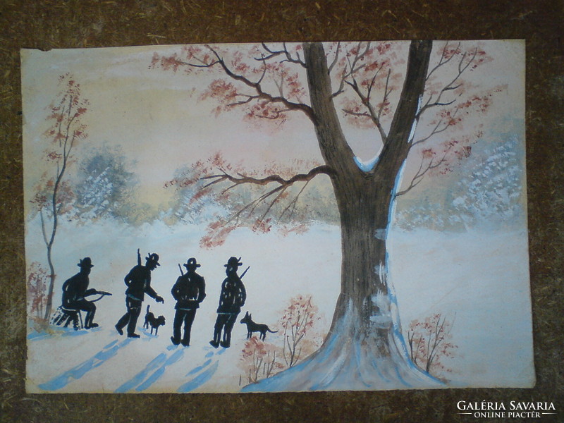 Winter picture - hunting watercolor i.e. watercolor small painting (very old)